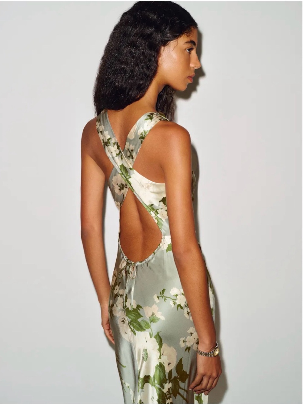 Reformation Anaiis Silk Dress Floral Halter Maxi Dress in Sage Green/Tarragon - Picture 2 of 3